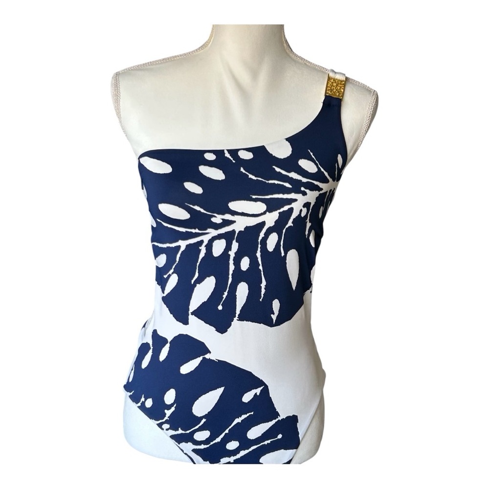 Ladies Navy & White One-Shoulder Bathing Suit